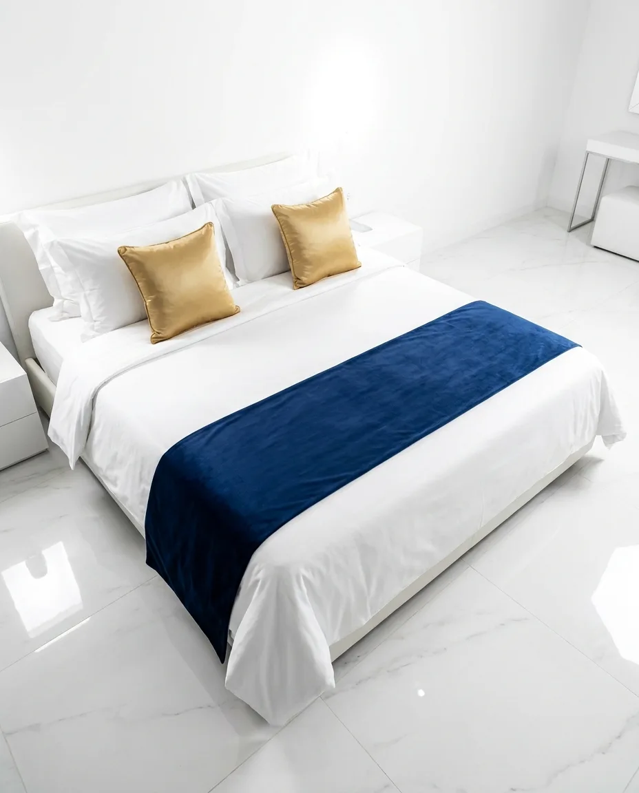 Glossy white hotel bed, gold pillows