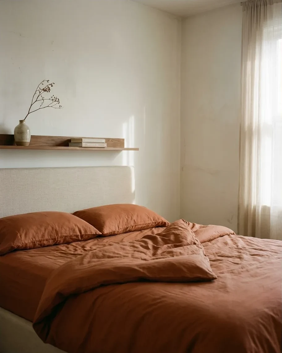 Terracotta bedding in warm window light